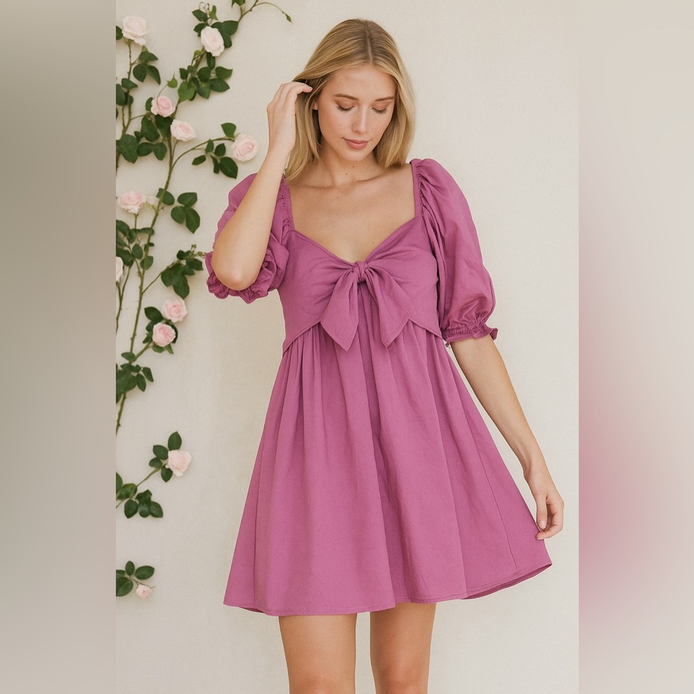 Storia Puff Sleeve‎ Pink Babydoll Cottagecore Mini Dress with Bow – S